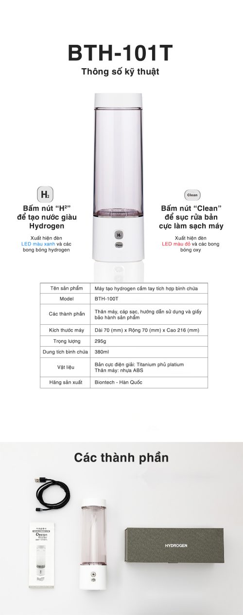 Máy tạo nước hydrogen dạng cầm tay tích hợp bình chứa Biontech, model: BTH-101T