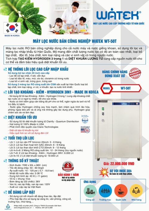 Máy lọc nước bán công nghiệp Watek 50 lít/ giờ, model: WT-50T, gồm vỏ tủ inox